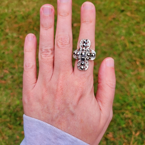 Joy of the Saints Silver Cross Black Crystal Gemstone Ring One Size Fits All - Picture 10 of 12